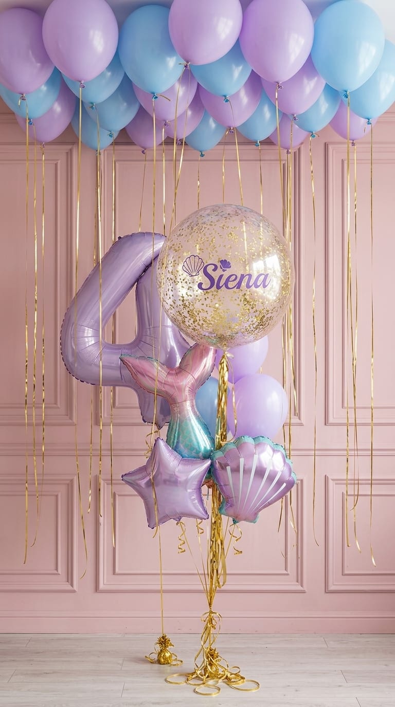 Blue, purple and gold balloon garland backdrop with a Happy Birthday neon sign