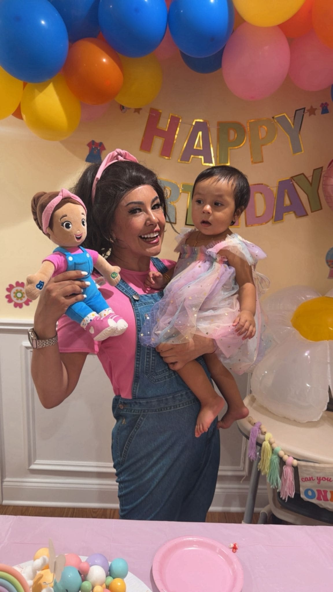 Costumed Miss Rachel-style character performer at a birthday party