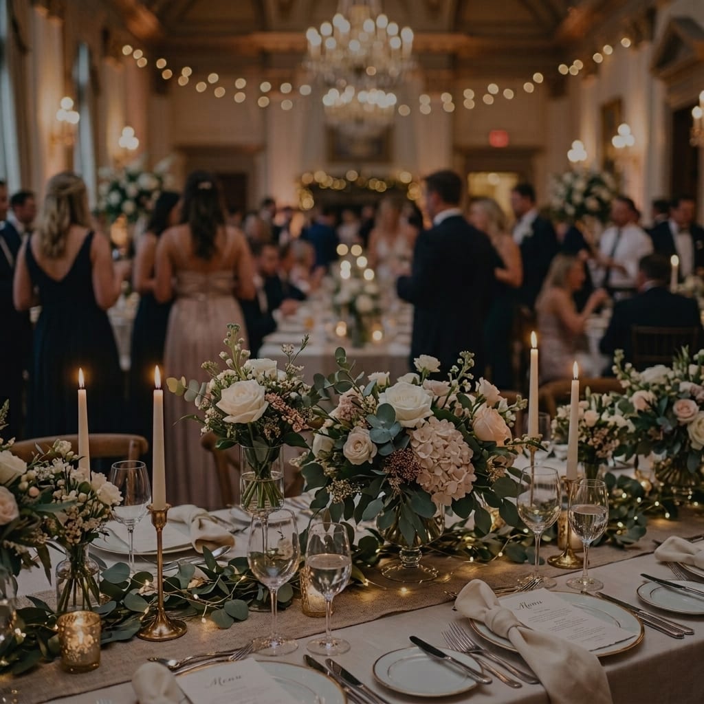 An elegantly dressed guest smiling over a candlelit dessert table beneath a blush, ivory and gold balloon cluster at an Esme celebration