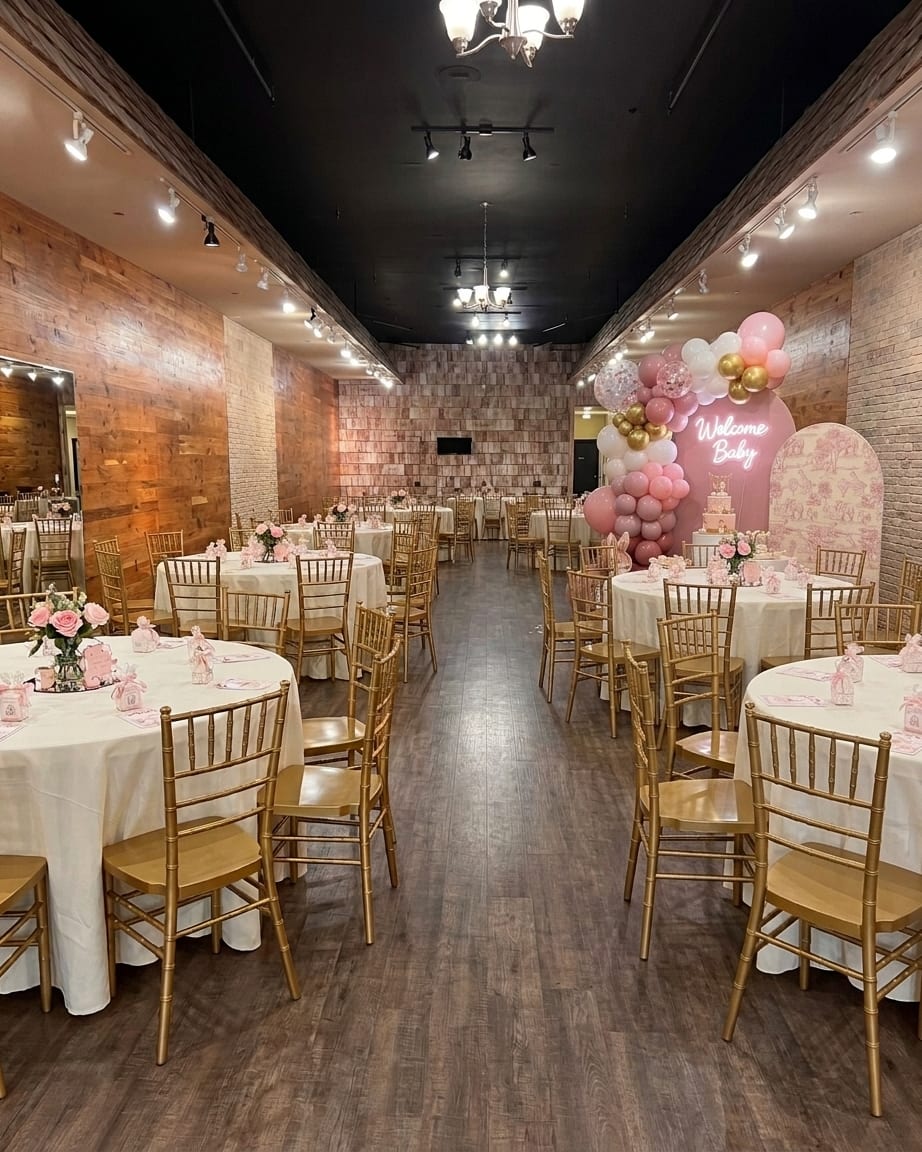 Guests seated at long tables inside the Esme event venue in Union, NJ
