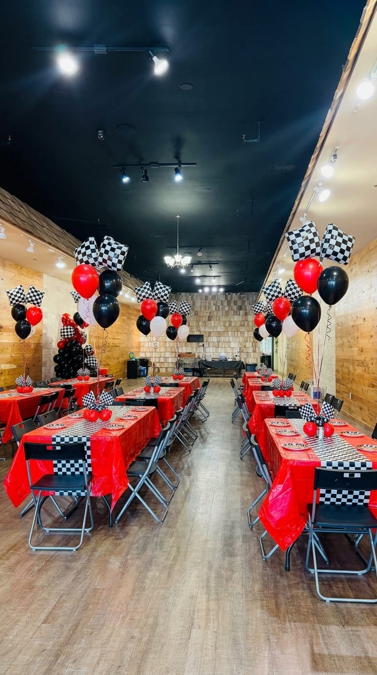 Racing-themed birthday party set up at the Esme venue