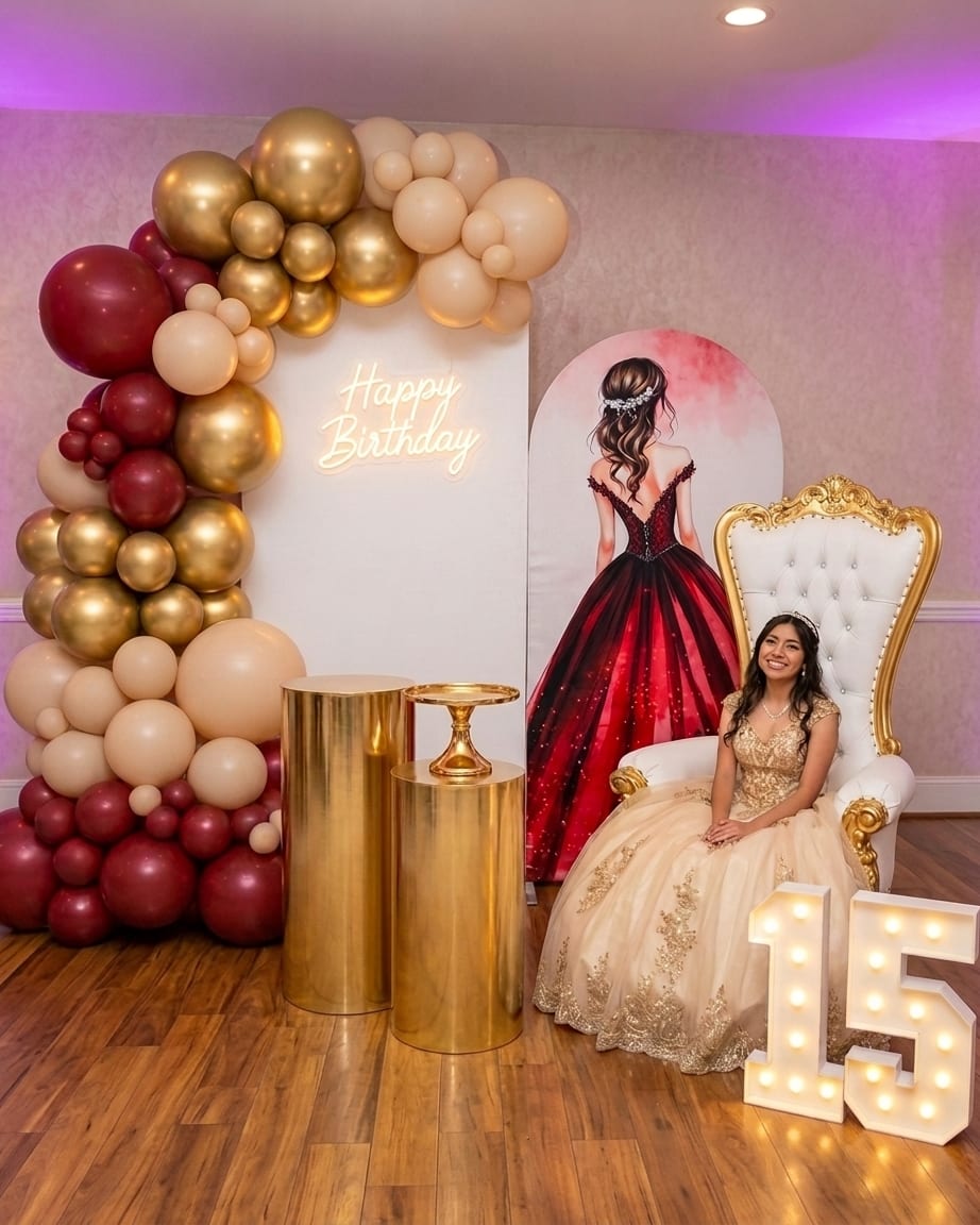 Quinceañera throne chair and lit marquee 15 at an Esme celebration